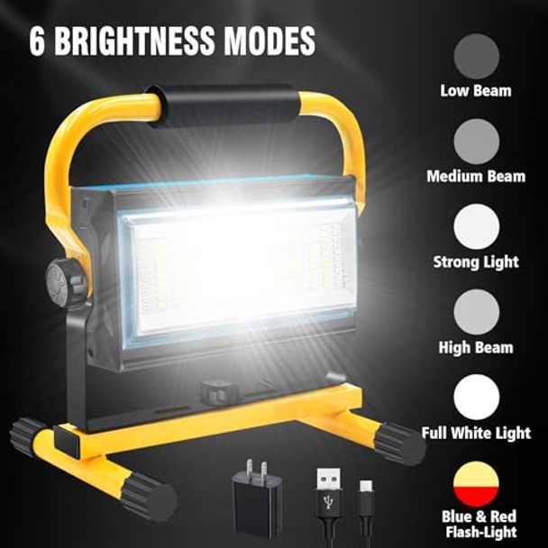 Tresda 100W Cob Rechargeable Work Light 7000Lm Cordless Led Work Lights Waterproof Portable Flood Light With Stand For Outdoor Camping Hiking Garage Car Repairing Workshop Job Site Lighting