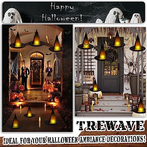 Trewave Black Halloween Witch Hat With Light Floating Light Up Witch Hats With Flameless Taper Candles (With Common Remote) 3D Bats Wall Stickers Decorations Witch Costume Accessory For Halloween Party
