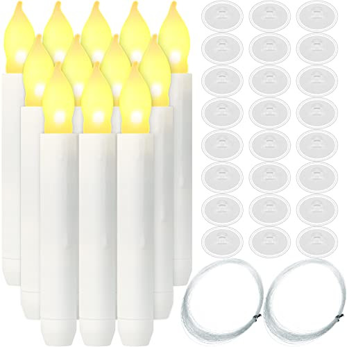 Tuanse 12 Pcs Flameless Floating Candle Graduation Hanging Led Taper Battery Flickering Window Candle With Fishing Line Nylon String And Seamless Hooks For Decoration(Warm White)