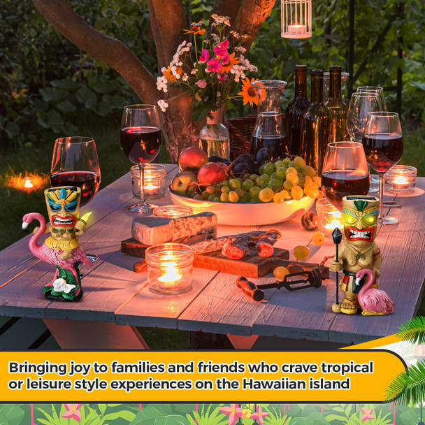 Tujoe 2 Pack Tiki Solar Light 11.8 Inch Tiki Statue Garden Flickering Torch And Eyes Bar Sign Hawaiian Outdoor Figurine Solar Powered Light For Patio Balcony Yard Lawn Ornament Decor (Flamingo)
