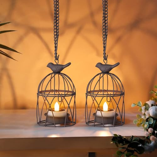 Twinkvilla Solar Lanterns Outdoor Waterproof Rust Iron Cage Candle Holder With Flickering Solar Powered Tea Lights Hanging Solar Lights For Outside Tree Backyard Patio Garden Fence Decoration-4Pack