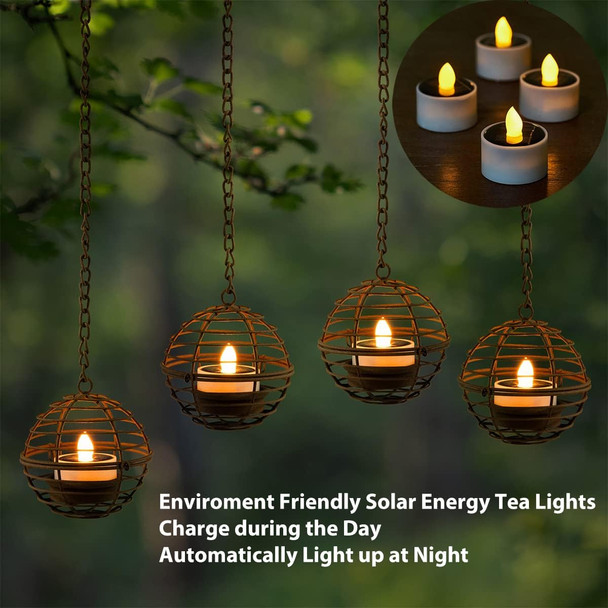Twinkvilla Solar Hanging Lanterns Outdoor Waterproof Rust Iron Ball Candle Holder With Flickering Solar Powered Tea Lights Perfect Chargeable Solar Lights For Backyard Patio Garden Fence Tree Decoration-4Pack