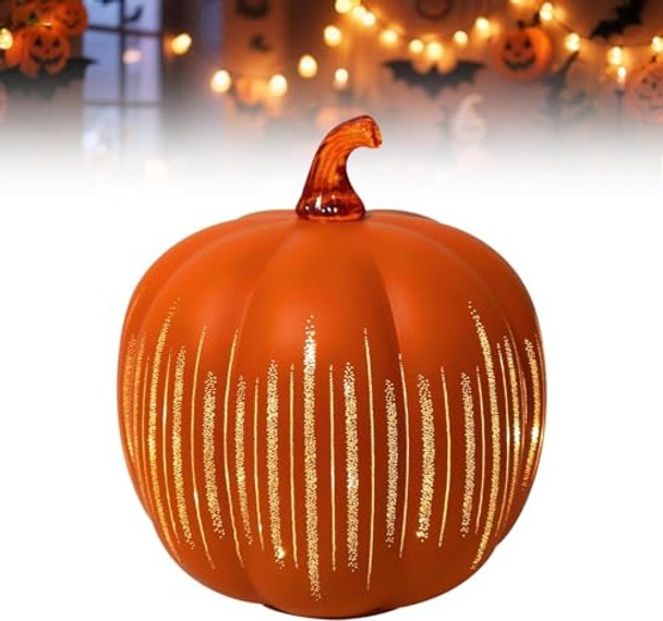 Uniqus Starry Night Pumpkins Twinkle Light Resin Pumpkins One-Button Switch Control Built-In Led Light Indoor Glowing Night Light Halloween Decor For Home (Orange)