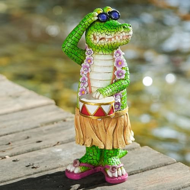 Uniqus Tolimi Hawaiian Alligator Garden Statue With Led Floral Garland - Fun Tropical Outdoor Decor Resin Crocodile Figurine In Hula Skirt For Yard Patio Or Home