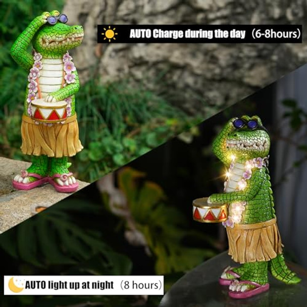 Uniqus Tolimi Hawaiian Alligator Garden Statue With Led Floral Garland - Fun Tropical Outdoor Decor Resin Crocodile Figurine In Hula Skirt For Yard Patio Or Home