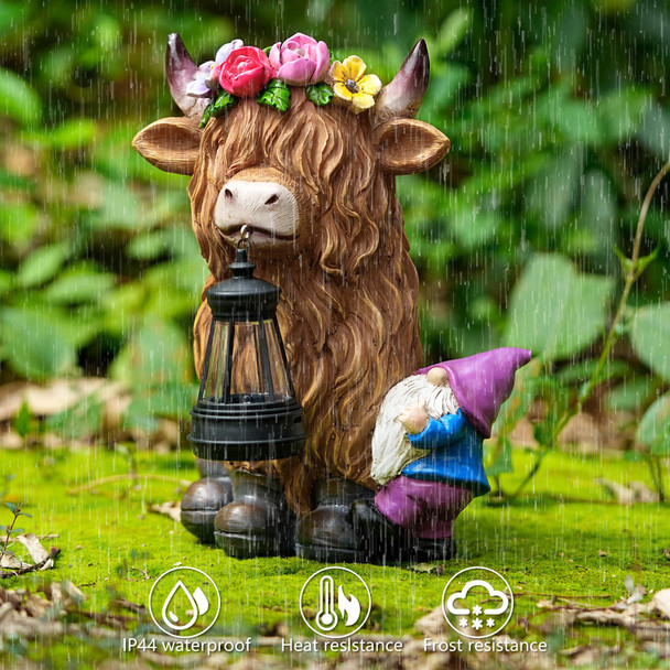 Uniqus Tolimi Garden Lantern Statues Resin Highland Cow With Gnome Outdoor Solar Light Decor Funny Decorations For Yard And Patio S