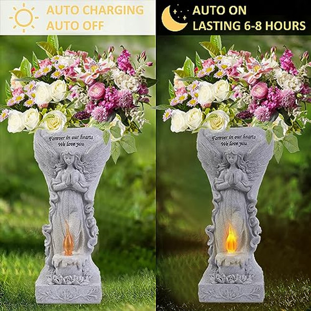 Uniqus Cemetery Commemorative  - Garden Angel Statue With Solar Lights And Vases Prayer Angel Vaseangel Garden Statues Outdoor Decor Tomb Cemetery Decoration