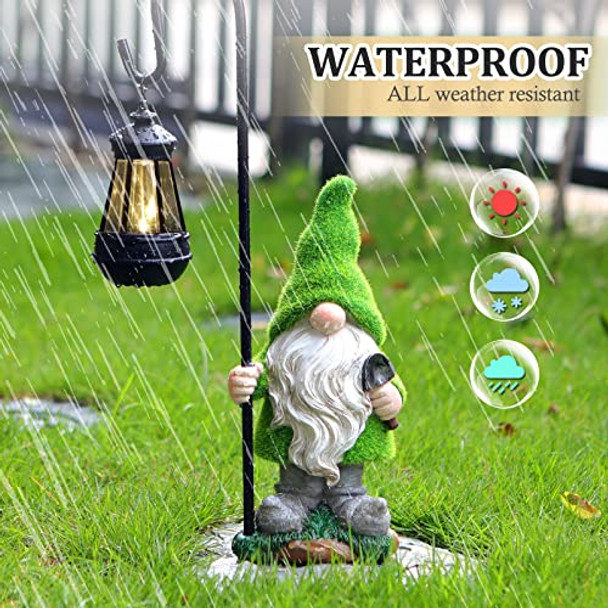 Vchymm Flocked Garden Gnome Statue With Solar Led Light Large Funny Fairy Gnomes Figurines With Solar Lantern Outdoor Fall Decorations For Yard Lawn Tall 15.8 Inch