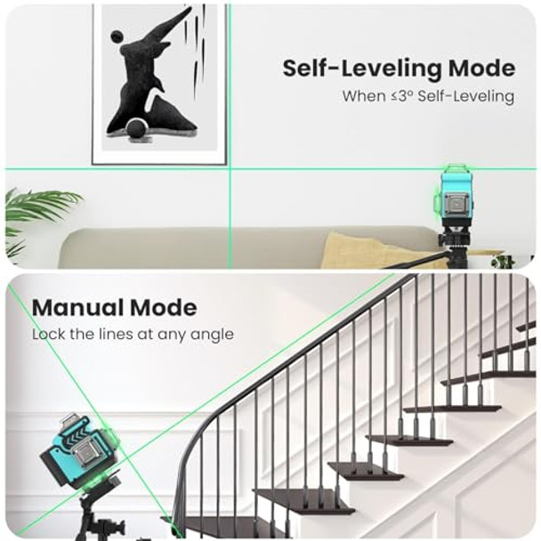 Veuonk Laser Level Self Leveling - 4X360° 4D Green Cross Line For Construction 8 Brightness Adjustment 16 Lines Outdoor Laser Level Tool With Two Rechargeable Battery And Remote Control