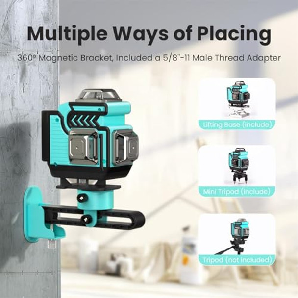 Veuonk Laser Level Self Leveling - 4X360° 4D Green Cross Line For Construction 8 Brightness Adjustment 16 Lines Outdoor Laser Level Tool With Two Rechargeable Battery And Remote Control