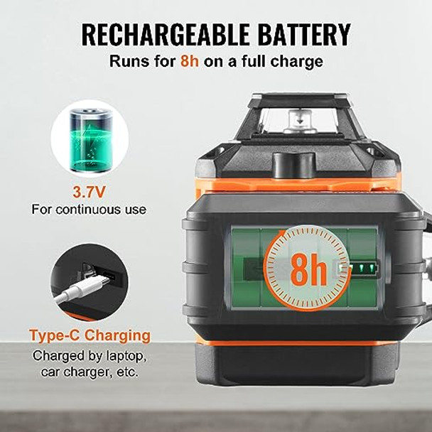 Vevor 100Ft Self Leveling Laser Level Manual Green 3 X 360° Cross Line Laser Manual Self-Leveling Mode 12 Lines Laser Ip54 Waterproof 8H Continuous Working Time Line Laser