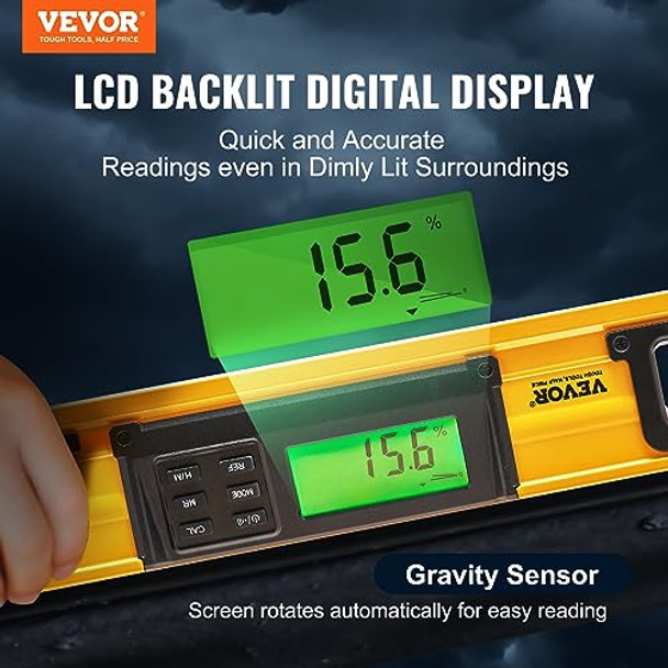 Vevor Torpedo Level 24 In Led Backlit Screen Mechanical Bubble Vials Ruler For 0-360 Degree Gravity Sensor Aluminum Alloy Leveler Tool W/Viewing Window Shock-Resistant For Plumbing Wood