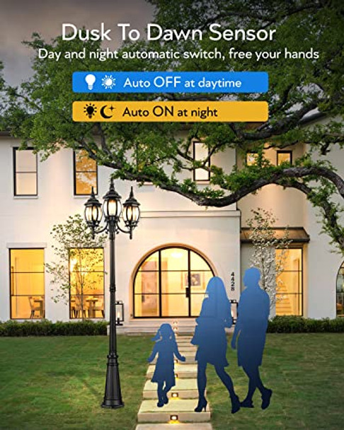 Vianis Lamp Posts Outdoor Lighting 3-Head Lights For Outside With Waterproof Aluminum Body Dusk To Dawn Sensor Street Light With Tempered Glass Panels For Backyard Garden Christmas Lights Driveway