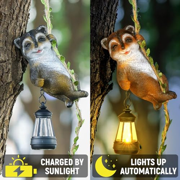 Vihose Solar Garden Decor Raccoon Statue Light Outdoor With Hooks 6'' H Resin Raccoon Climbing On 31'' Vine Waterproof Hanging Figurine Decor For Balcony Garden Yard Wall Tree Housewarming