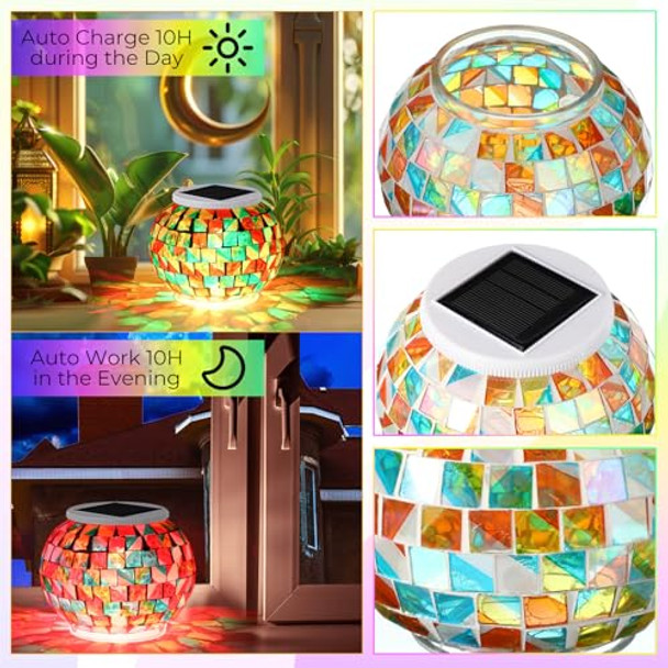 Vihose 4 Pcs Color Changing Mosaic Solar Lights Outdoor Led Ball Globe Garden Table Light Waterproof Solar Night Lamps For Christmas Patio Garden Party Yard