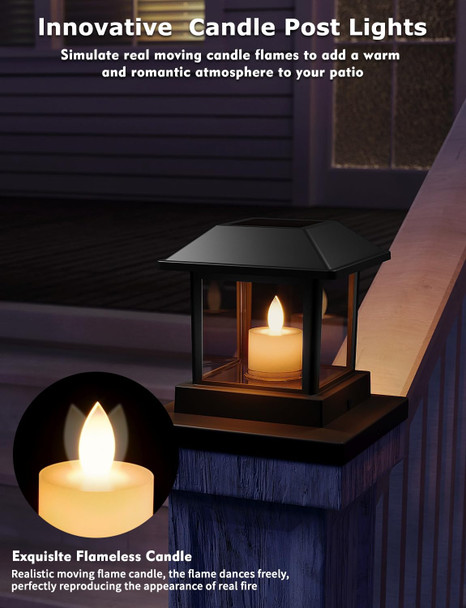 Viodaim 4 Pack Solar Post Lights Outdoor With 3D Flickering Candle Wick Solar Post Cap Lights Ip67 Waterproof Warm Led Lighting Decor For Fence Deck Mailbox Yard Porch Fit 4X4 5X5 Or 6X6 Vinyl/Wooden Post