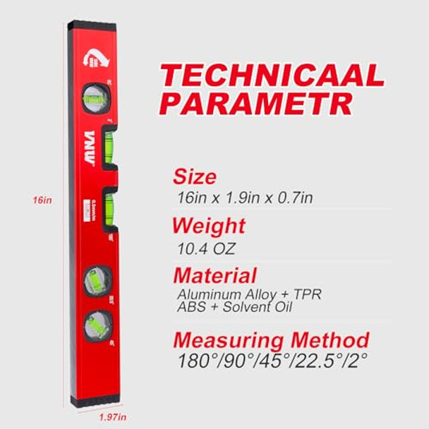 Vnw 16-Inch Torpedo Level - 5 High-Visibility Bubbles 2°/22.5°/45°/90°/180°Level Tool With Rubber Endcaps And Aluminium Body Flat View Viewing Window For Home Outdoor Measurements