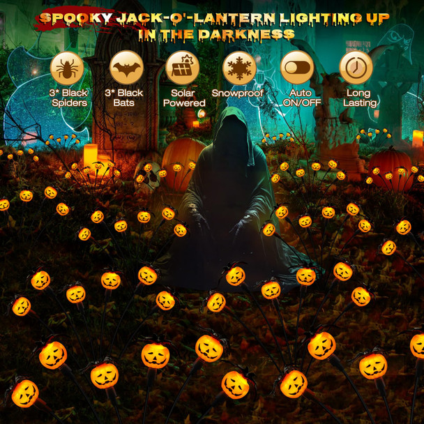 Weepong Halloween Decorations Outdoor 4 Pack Solar Lights 24 Led Scary Pumpkin Swaying Firefly Lights With Spider & Bats For Outside Garden Yard Lawn Grave Cemetery Ghost Decor Party Orange