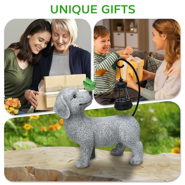 Wenyle Solar Garden Outdoor Statues Dog With Butterfly Solar Lantern Lawn Decor Puppy Figurine For Patio Balcony Yard Yard Unique Christmas Birthdays  For Mom Grandma