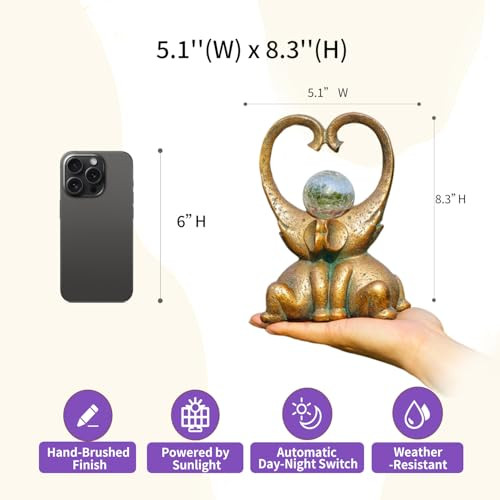 Whimsynook 7.9" Bronze Elephant Garden Statue With Heart-Shaped Trunks & Solar Led Light – Outdoor Decor For Porch Lawn Yard – Perfect Birthday Housewarming S For Mom And Elephant Lovers
