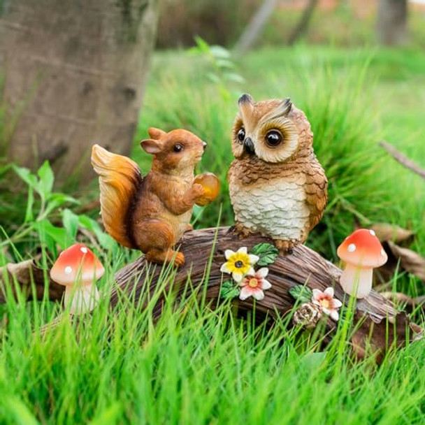 Wondhome Solar Owl Garden Statues Outdoor Decor Resin Owl Squirrel Figurine With Mushroom Lights For Patio Lawn Yard Decorations Christmas Birthday Housewarming Gardening S For Women Mom
