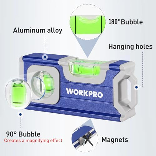 Workpro Small Level 4-1/2 Inch Mini Level Tool Magnetic Pocket Level With 2 Different Bubbles 90°/180° Aluminum Alloy Construction Cobalt Blue