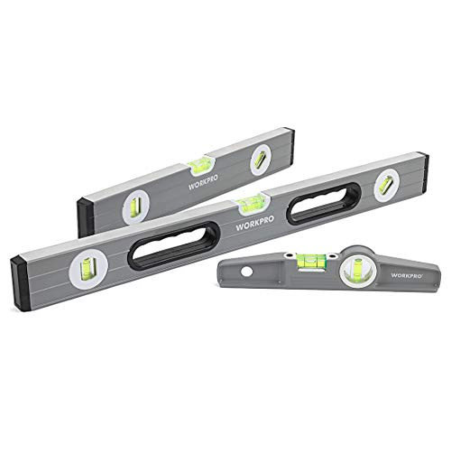Workpro Torpedo Level 3-Piece Spirit Level Set 9"(Magnetic) 16"(Non-Magnetic) 24"(Non-Magnetic) Bubbles Measuring Clear Green.