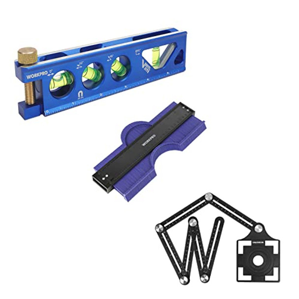Workpro Torpedo Level & 10" Contour Gauge And 6-Sided Angle Measuring Tool Combo Kit