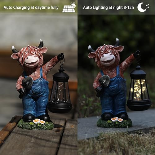 Wshmzyhome Highland Cow Garden Statue 10.4" With Solar Lantern， Decorative Farm Animal Figurine For Indoor Outdoor Home Patio Yard Lawn Ornament And  For Mom