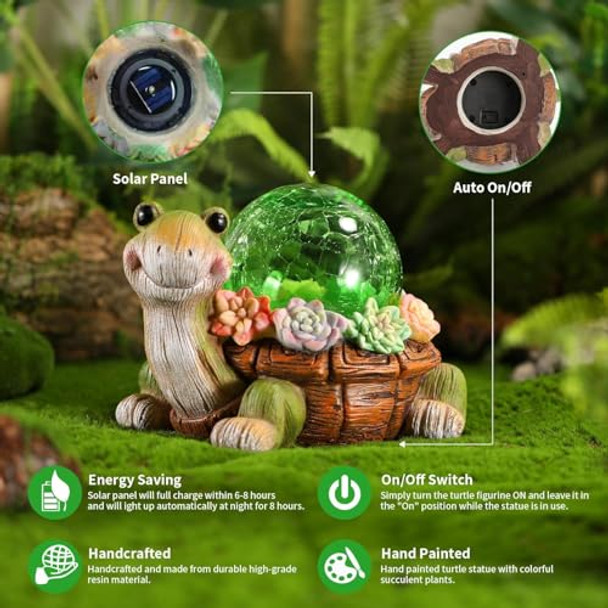 Xin Ming Solar Turtle Garden Statue Lights For Outdoor Decor With Cracked Glass Led Figurine Lighting Resin Succulent Tortoise Decorations Patio Lawn Yard Housewarming Mom S