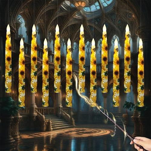Xinaobaoluo Floating Candles With Wand Remote Timer 12Pcs Floral Flameless Taper Candle Sunflower Led Magic Hanging Candlestick Battery Operated Floating Candles With Flowers For Home Wedding Garden Party Decor