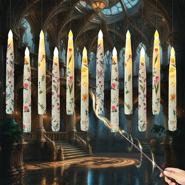 Xinaobaoluo Floating Candles With Wand Remote Timer 12Pcs Floral Flameless Taper Candle Led Magic Hanging Candlestick Battery Operated Floating Candles With Flowers For Dinner Home Wedding Garden Party Decor