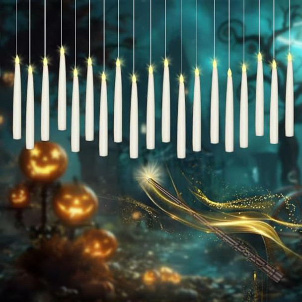 Xunhuimemory 12 Pcs Floating Candles With Wand Led Flickering Warm Light Magic Deco Candle Flameless Taper Candles Battery Operated For Halloween Party Decor With Wand Remote Candle Wand Remote