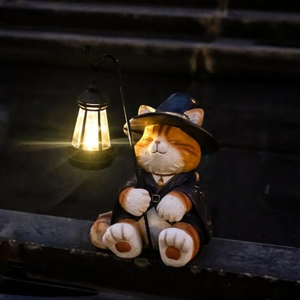 Yoquate Decorative Solar Wizard Cat Lantern Garden Statue Outdoor Figurine Light With Black Metal Lamp Post For Garden Decoration Outdoor Decor