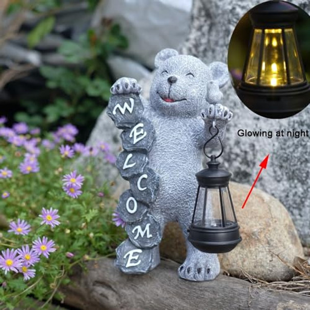 Youfui Bear Figurine Light Solar Powered Led Light- Welcome Lawn Decor Bear Garden Statues For Patio Balcony Yard Ornament Outdoor Figurine Light House Housewarming S 7.8X4.13Inch