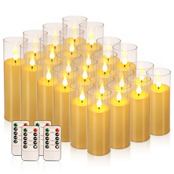 Yuachuamei Set Of 24 Remote Control Flameless Candles Led Pillars Candles With Dancing Flame For Christmas ，Halloween， Home Party Decor (5" 6" 7" H)(Ivory)