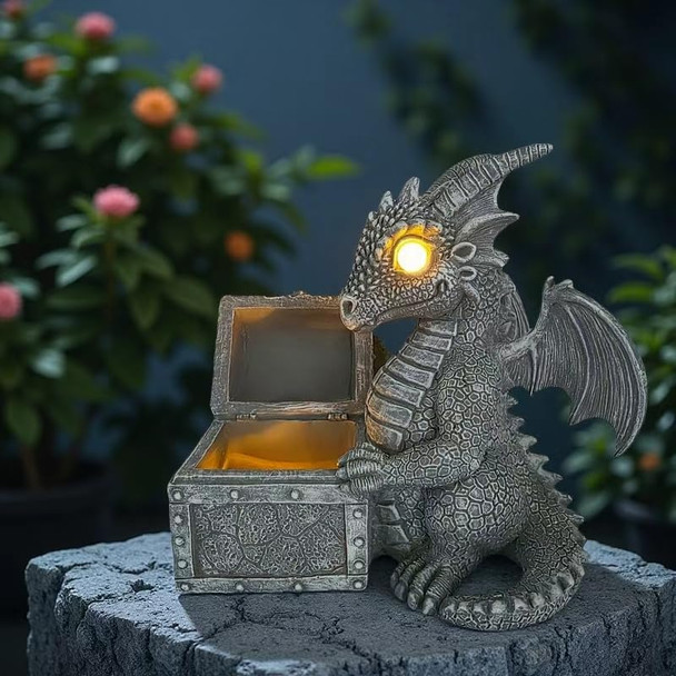 Yzyoe Led Solar Powered Dragons Opening Treasures Box Light Outdoor Atmosphere Decoration Lamp Cute Resin Dragon Garden Landscape Lights.