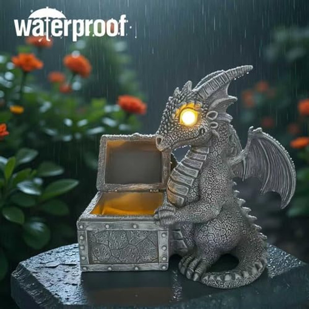 Yzyoe Led Solar Powered Dragons Opening Treasures Box Light Outdoor Atmosphere Decoration Lamp Cute Resin Dragon Garden Landscape Lights.