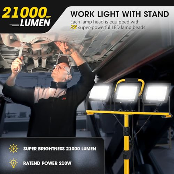 Zetunlo 21000Lumen Led Work Lights With Stand - 3 Head Portable Work Light With 16Ft Cord - Ip66 Waterproof Tripod Worklights For Outdoor Indoor Job Site Workshop Garage Construction Site Lighting
