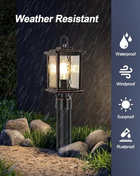 Zillsea Dusk To Dawn Outdoor Post Light Oil-Rubbed Bronze Pole Lantern With Pier Mount Base 16'' Hardwired Lamp Post Light Fixture Water Ripple Glass Waterproof And Rustproof Bulb Not Included