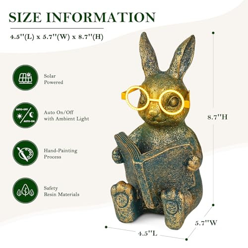 Zuzuzen Solar Garden Decor Adorable Rabbit Statue With Solar-Powered Glasses Outdoor Bunny Figurine Lights For Patio Yard & Balcony For Kids Mom & Grandma