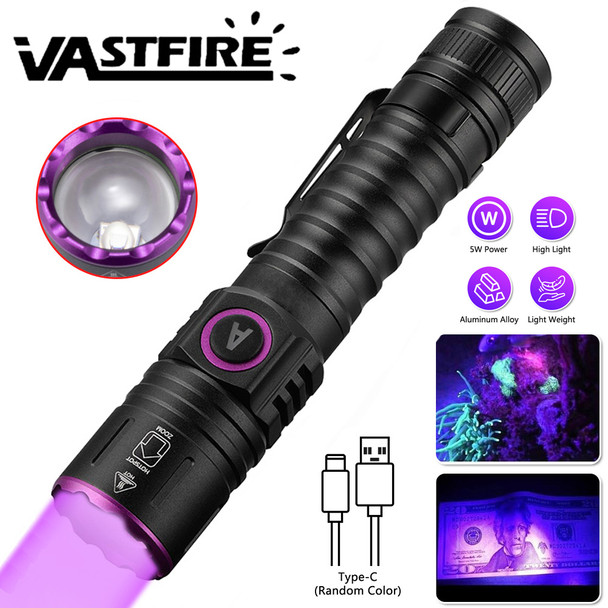 VASTFIRE  365nm/395nm UV Flashlight High power Blacklight Torch Invisible Ink Marker Cat Urine Tinea Ore Money Scorpion Fluorescence Light