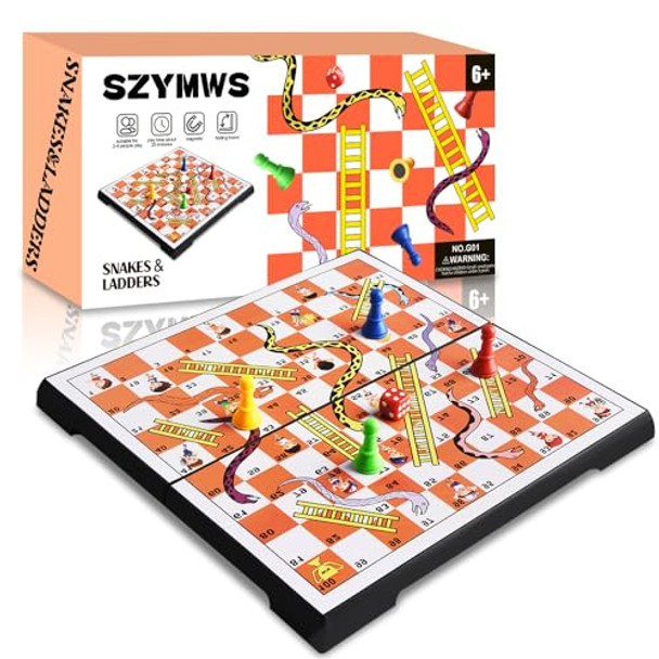 ALANGDUO Magnetic Folding Snakes & Ladders Game Set 11.8 inch Portable Family Fun Board Game for All Ages-in Storage（Large Size 30x30cm ）