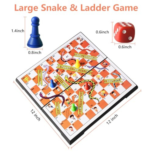 ALANGDUO Magnetic Folding Snakes & Ladders Game Set 11.8 inch Portable Family Fun Board Game for All Ages-in Storage（Large Size 30x30cm ）