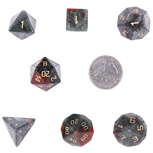 Amogeeli 7pcs Hand-Carved Crystal DND Dice Set Stone Polyhedral Rolling Dice Kit for RPG MTG COC Table Game Africa Bloodstone