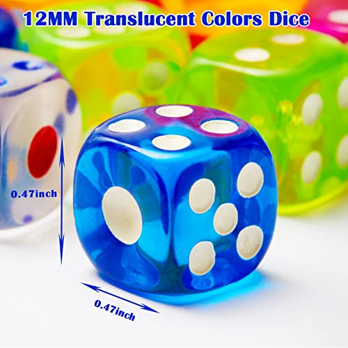 Aosmeol 100-Piece Acrylic Dice Set - 12mm 6-Sided Translucent Colors Velvet Pouch 10 Colors for Board Games & Classroom Math