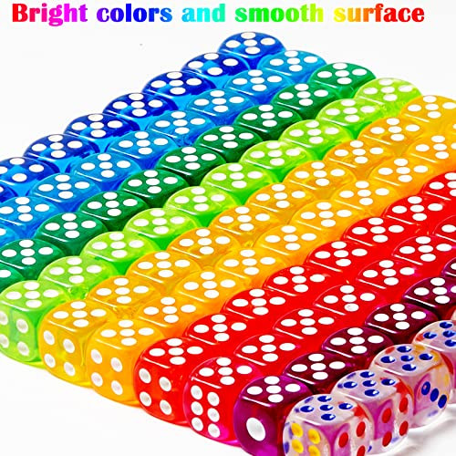 Aosmeol 100-Piece Acrylic Dice Set - 12mm 6-Sided Translucent Colors Velvet Pouch 10 Colors for Board Games & Classroom Math
