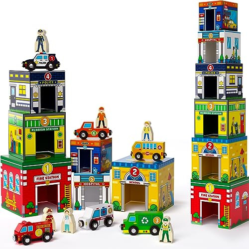 Atoylink Toddler Sorting and Stacking Toys with Magnetic Wooden Cars & Community Helpers Baby Number Blocks Nesting Boxes Preschool Learning Montessori Toys for 1 2 3 Year Old Boys Girls