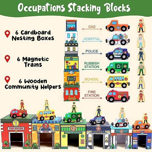 Atoylink Toddler Sorting and Stacking Toys with Magnetic Wooden Cars & Community Helpers Baby Number Blocks Nesting Boxes Preschool Learning Montessori Toys for 1 2 3 Year Old Boys Girls