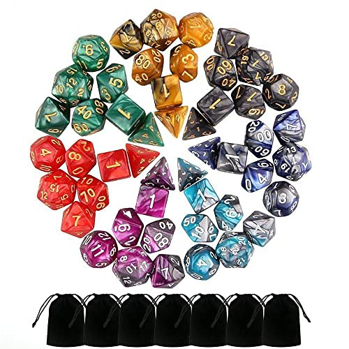 BABEJIA 7 Sets (49PCS) Polyhedral Dice Set for Dungeons & Dragons/RPG Complete D&D/DND Dice Sets (D20 D12 D8 D6 D4 & 2×D10 [0-9 & 00-90]) with 7 Pouches